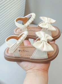 2025 New Pearl Non-Slip Soft Bottom Open Toe Girls Flat Princess Shoes With Hook And Loop, Beige