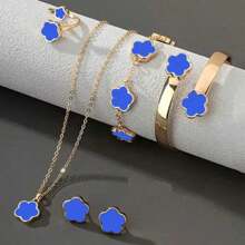 6 pezzi set di gioielli in lega a forma di foglie e quadrifogli per donne - bracciale, collana, orecchini a perno, ciondolo a fiore della fortuna