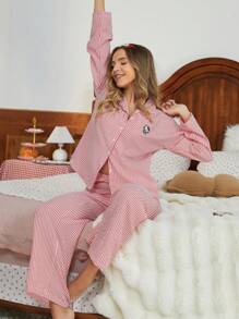 Sanrio [WONDER WORLD]2pcs Hello Kitty Women Striped Print Button Front Long Sleeve Pajama Set + Drawstring Waist Pants, Cute Sleepwear Suit - Red and White - View 2
