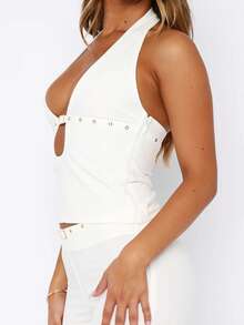 Womens Halter Tank Tops Summer Fashion Zipper Side Cut Out Sleeveless Backless Workout Clothes 2025 - 白色 - 查看 2