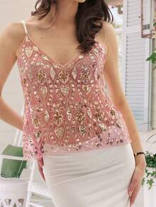 Women's Sequin Slim Camisole Spaghetti Strap V-Neck Slim Fit Cropped Tank Tops Streetwear - Nhiều màu - Xem 3