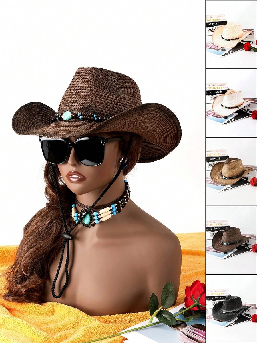 1 件波西米亚串珠草编牛仔帽，西式派对/节日/度假防晒，装饰性爵士帽，男女通用时尚百搭防风设计 - 禮帽 - 查看 1