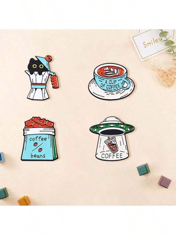 1/4pcs Cartoon Coffee Series Badge Accessories Cup Shaped Brooch Creative Cartoon Brooch Unique Clothing Backpack Decorations, Office Accessories Shirts Jacket Jewelry Christmas Halloween