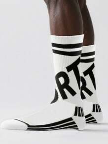 1 Pair Unisex Letter & Stripe Pattern Mid-Calf Sports Socks, Fashionable & Versatile For Fitness, All Season