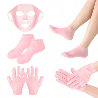 3件套保湿手套、袜子、面膜套装，包含耳挂式面膜和硅胶SPA袜，适合干性肌肤，硅胶后跟袜防滑，用于软化足部肌肤、去除老茧、足部理疗后护理，可重复使用，防水防汗，防蒸发。圣诞节、冬季、粉色系、毕业典礼、生日礼物。