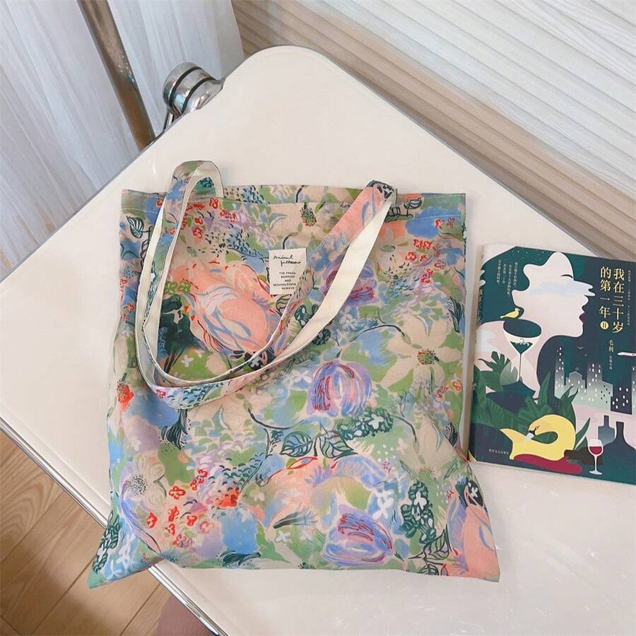 Women Shoulder Bags - 淺藍綠油畫大花 - 查看 1