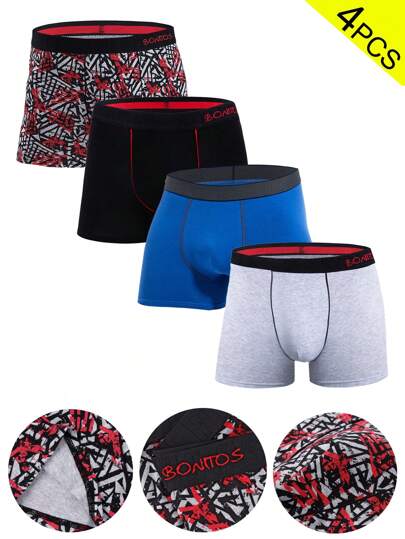 4 قطع/عبوة سروال داخلي رجالي مطبوع بشريط مطاطي (طباعة عشوائية غير متماثلة)