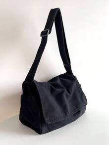 复古极简百搭翻盖单肩包，加厚水洗帆布包，休闲百搭大容量美式斜挎包，学院风日系大学生书包，短途旅行包，简约街头布包，黑色斜挎包 - 黑色 - 查看 5