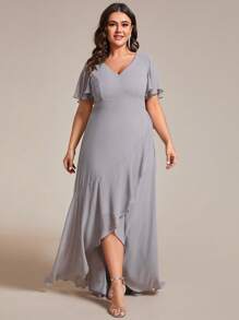 EVERPRETTY Plus Size V-Neck Asymmetrical Ruffle Hem Bridesmaid Dress Gray Formal Dresses For Fall Wedding Party