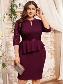 MIUSOL Vestido de lápiz para cóctel con cuello de ojo de cerradura con encaje floral, volantes y mangas 3/4 - Burdeos - Ver 3