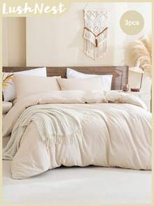 Beige Duvet Cover Set Boho Farmhouse Bedding Set 3 Pieces Beige Comforter Cover Soft Microfiber Minimalist Beige Neutral Comforter Cover For Boys Girls 1 Duvet Cover 2 Pillowcases No Comforter - Beige - View 2