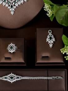 1 Set Vintage Cubic Zirconia Leaf Decor Green Gemstone Inlaid Jewelry Set, Suitable For Women Wedding Wear