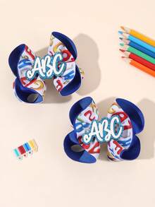 2 件装开学季女孩蝴蝶结发夹，海军蓝罗缎丝带鳄鱼夹，字母印花发夹，甜美女孩小辫蝴蝶结发饰，开学第一天校服头饰，课堂学生青少年发饰 - 彩色 - 查看 2