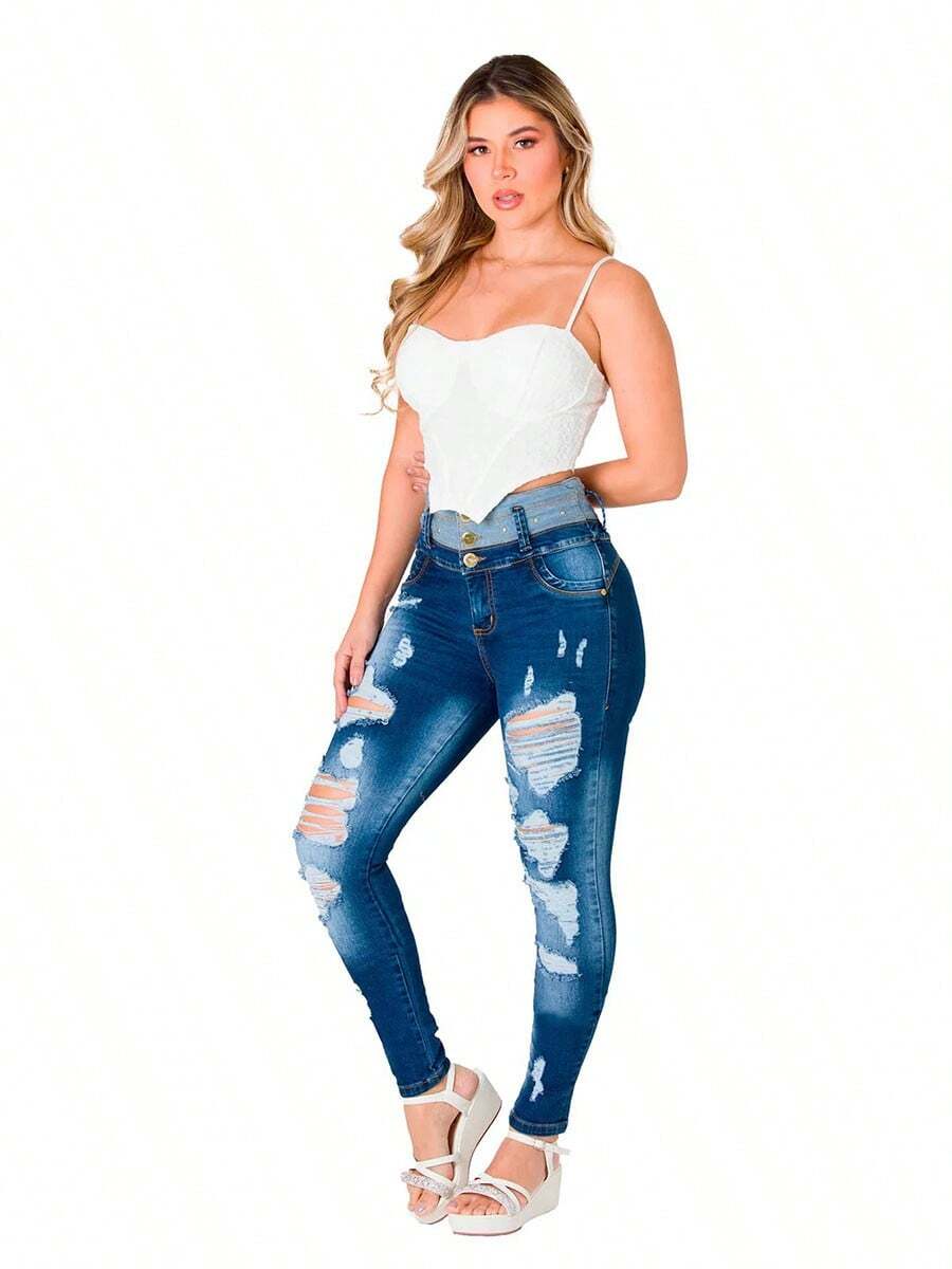 Women's High Waist Front-Breasted Ripped Beads Inlaid With Elastic Slim Butt Lifting Tight Sexy Jeans  Plain    Pocket  Button  Ripped - Rửa trung bình - Xem 1
