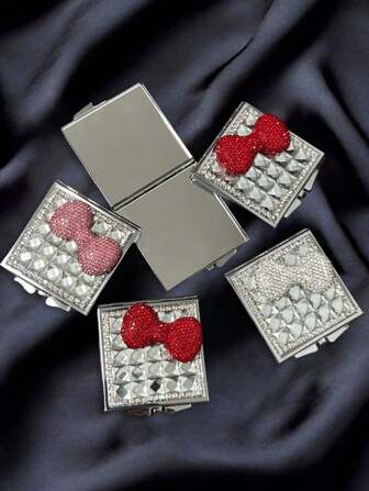 1pc Bowknot Decor Cute Mirror, New Fashionable French Style Square Metal Rhinestone Chain Small Folding Double-Sided Portable Makeup Mirror, Decorative Gift Suitable For Relatives, Friends, Colleagues, Girlfriend On Holidays