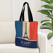 1pc Large Capacity Eiffel Tower Canvas Bag With Dual Sided Paris Design Versatile Tote For Shopping, Travel, Daily Use, Features Adjustable Straps In Two Colors, Stylish, Durable, Foldable Perfect Gift For Family Friends - 彩色 - 查看 6