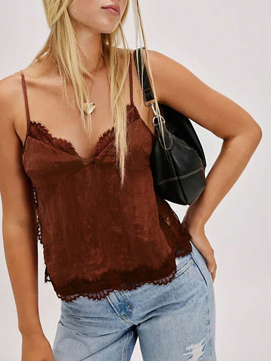 Women Summer Y2k Casual Lace Patchwork V-Neck Tank Top Fashionable Spaghetti Straps Open Back Crop Tops Stylish Sleeveless Tie Up Back T-Shirt Streetwear - 咖啡棕 - 查看 1