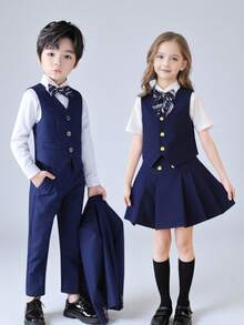 3 件套高端纯色男孩西装 - 背心 + 裤子 + 领结，适合婚礼、庆典和节日 - 藍色 - 查看 3