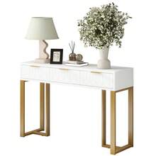 Modern Console Table With Drawers, Gold-Colored Frame, Adjustable Foot Pads And Elegant Handles (White + Gold) - Gold + White + MDF - View 4