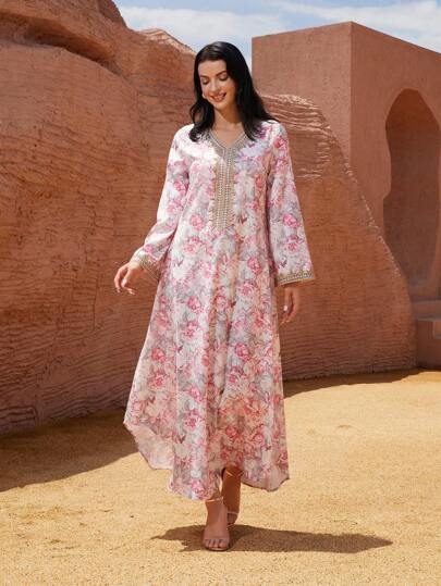 Women's Floral Print V-Neck Long Sleeve Elegant Kaftan Dress
