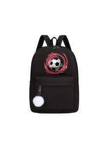 1 New Cute Versatile Simple Kawaii Football Print Plus Pom Pom Pendant Backpack, New For Spring And Summer, Suitable For Back To School Season. Nylon Material Double Zipper Lightweight Large Capacity Foldable Bag, Very Suitable For Teenagers To Go To School, Daily Travel, Shopping, Travel And Vacation, Etc. - Black - View 10