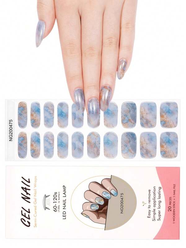 1 Box Natural UV Gel Nail Stickers, Classic Marble Pattern, Semi-Cured 20pcs Finger Nail Gel Stickers, Easy To Apply And Remove