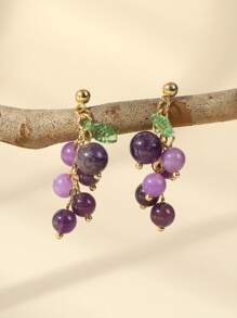 زوج من أقراط العنب الحجر الطبيعي البنفسجي بالطراز الكوري، أقراط حلوة على شكل فاكهة مناسبة للأذن غير المثقوبة