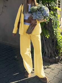 Look Polly 女式春夏休闲街头风格条纹撞色上衣、衬衫、长裤两件套纽扣衬衫女式条纹休闲、女士休闲套装返校服万圣节奶油黄衣服女式圣诞节 - 黃色 - 查看 8