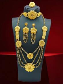 Set de joyería vintage de 5 piezas, de aleación de cobre chapado en oro de 24K, con un estilo exagerado que incluye collar, aretes y anillo, adecuado para mujeres, especialmente para bodas, fiestas y ocasiones de Ramadán