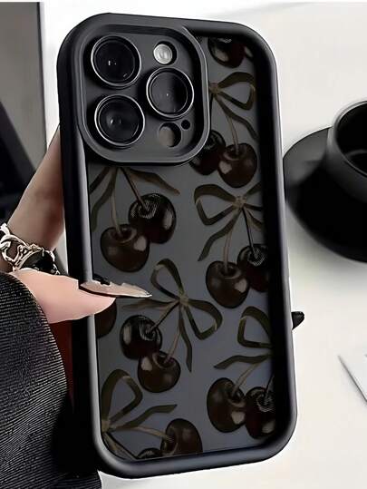 1pc Black Matte Lens Protection Anti-Drop Leopard & Cherry Pattern Phone Case, Personalized Compatible With Iphone 16 Pro Max, 15/14 Plus, 13, 12, 11, Compatible With Samsung Series Waterproof Shockproof Scratch Resistant