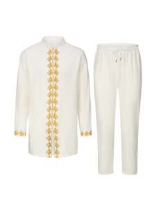 男士传统服饰，非洲男士两件套长袖复古刺绣奢华西装，男士休闲度假装 - 白色 - 查看 3