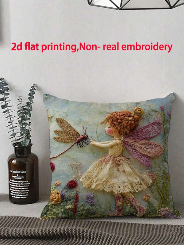 1pc 45.72x45.72 Cm Vintage Fairy And Dragonfly Print Short Plush Pillow Cover, Zippered Polyester Cushion Case, Machine Washable, Whimsical Room Decor (Pillow Insert Not Included), Fairy Garden Decor--No Embroidery