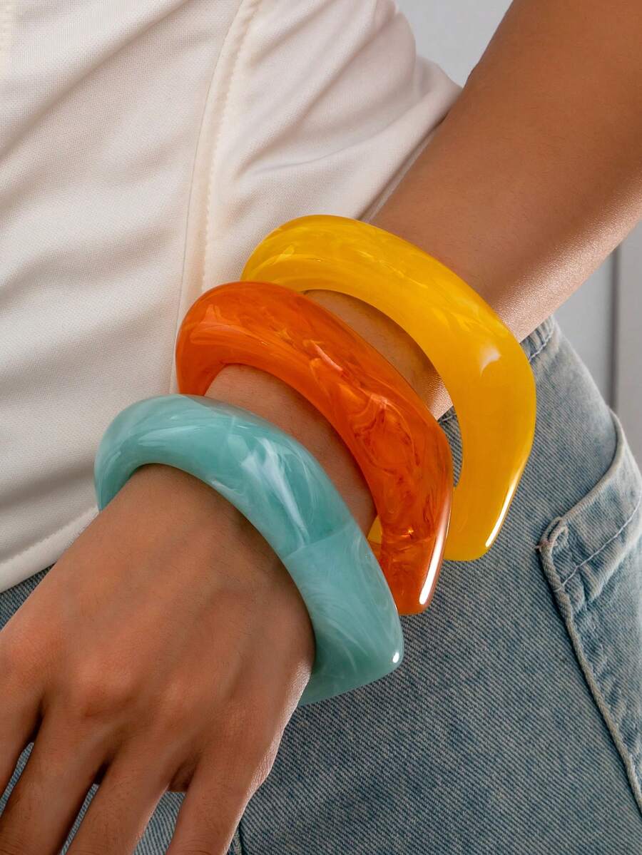 3 Pcs Vintage Resin Multicolor Acrylic Bracelets, Suitable For Women, Fashionable And Multifunctional Daily Accessory (Please Note That The Patterns Are Randomly Made, So The Color And Luster May Have Slight Differences. Our Factory Will Pay Special Attention To This In Future Production.) - Vacation - View 1