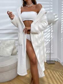 女士秋冬浴袍，双面绒兔耳休闲睡衣家居服 - 白色 - 查看 3