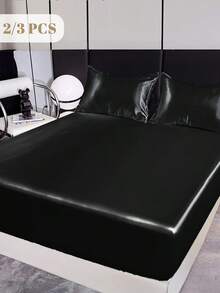 2/3pcs Fitted Sheet Set, Bedding Set, Satin Bed Sheets Set, Solid Color Skin-Friendly Bed Cover Set, Room Decor, Soft And Comfortable Bedding For Bedroom,  Deep Pocket, For Single/Twin/Full/King/Queen Bed Sizes, Machine Washable, Meticulous Gift - Black - View 1