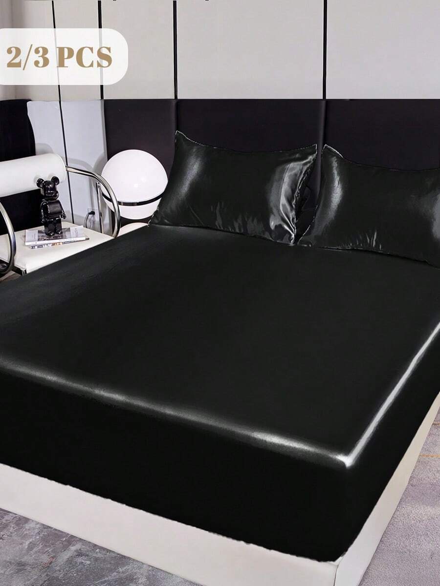 2/3pcs Fitted Sheet Set, Bedding Set, Satin Bed Sheets Set, Solid Color Skin-Friendly Bed Cover Set, Room Decor, Soft And Comfortable Bedding For Bedroom, Deep Pocket, For Single/Twin/Full/King/Queen Bed Sizes, Machine Washable, Meticulous Gift - Black - View 1