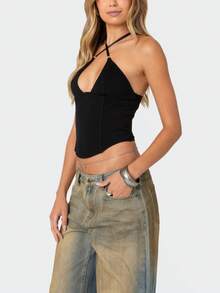 Women Sexy Crop Tops Beaded Corset Tops Crossover Straps Halter Tops Summer Sleeveless Slim Open Back Camisole Back Zip Tank Tops For Party Clubwear Streetwear Going Out Blouse - 黑色 - 查看 8