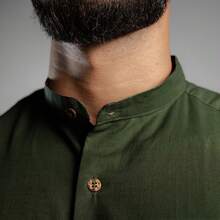 Men's Linen Priest Collar Shirt - Dark Green - View 4