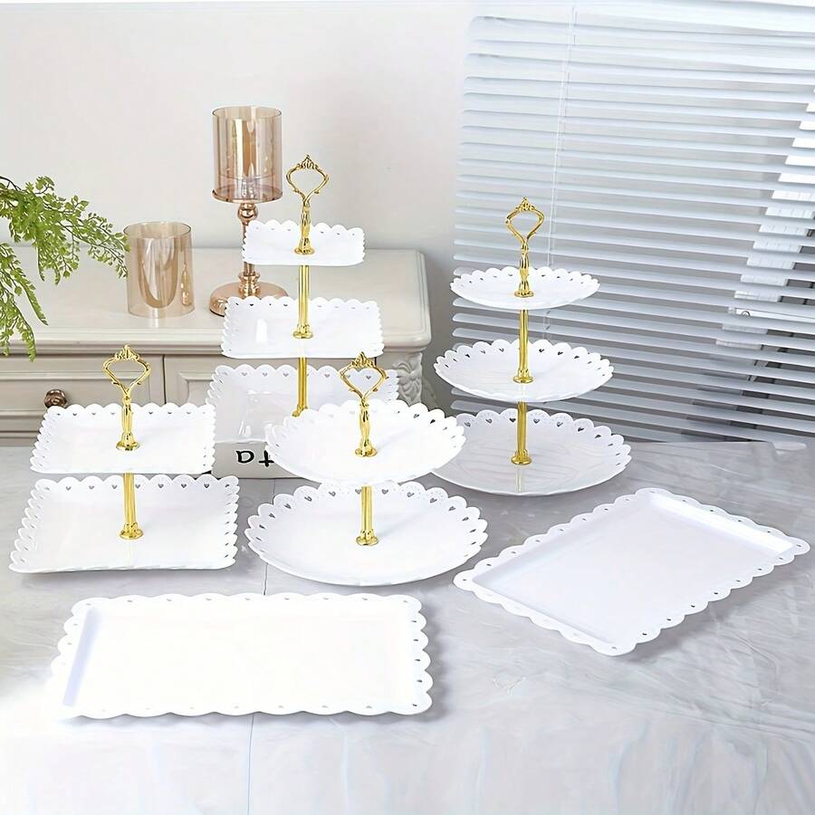 6 Pcs Cake Stand, Plastic Dessert Table Display Set, Three-Tier Shelf, Two-Tier Shelf And Dessert Tray Set. Suitable For Birthdays, Parties, Tea Parties. Black/White - White - View 1