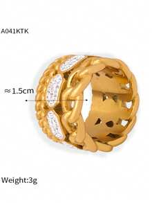1pc Fashionable Exaggerated Stainless Steel Rhinestone Ring, Women's Stainless Steel Ring, Daily Accessory - Gold - View 10