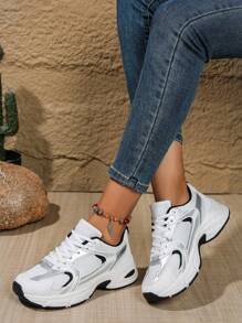 New Women Casual Sneakers, Preppy Style Chunky Sneakers, Lace-Up Round Toe Mesh & Leather Patchwork Breathable Versatile Printed Graffiti College Style Student Outdoor Hiking Leisure Commuting Shoes