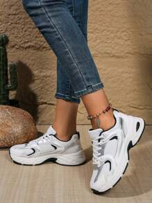 New Women Casual Sneakers, Preppy Style Chunky Sneakers, Lace-Up Round Toe Mesh & Leather Patchwork Breathable Versatile Printed Graffiti College Style Student Outdoor Hiking Leisure Commuting Shoes