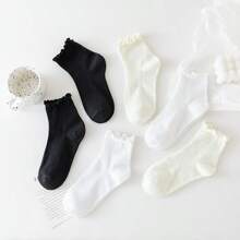 1 paire/3 paires/6 paires Chaussettes blanches pour femmes, chaussettes courtes style japonais avec bord roulé, chaussettes mignonnes avec bordure à volants