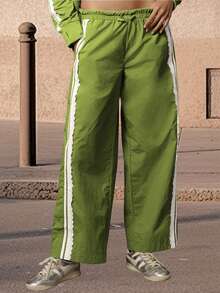 Women's Summer Baggy Track Pants Stylish Lace Side Striped Mid Rise Wide Leg Drawstring Trousers - Green - View 6