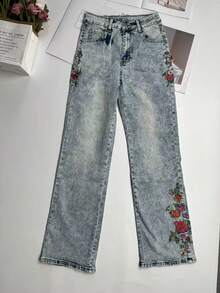 Women's Vintage Washed Floral Embroidered Pockets Denim Jeans, Autumn - Blue - View 5