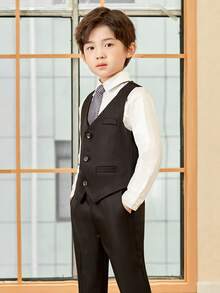男孩新西裝套裝，花童婚禮服裝，表演服，英式男孩表演西裝三件套，含背心、長褲與領帶 - 黑色 - 查看 8