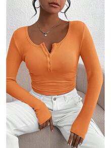 Women's 2026 Fall Long Sleeve Henley T Shirts Button Ribbed Knit Slim Fit Basic Tops Blouse Casual Outfits/Vacation Outfits Women/Valentine Outfits For Women - trái cam - Xem 7