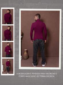 Blusa De Frio Cacharrel Masculina Gola Alta Tricô Suéter masculino slim Blusa térmica Blusa de frio - Fúcsia - Visão 2