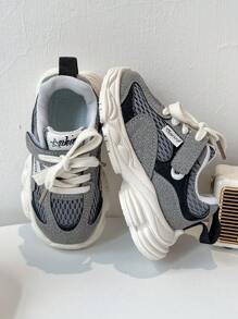 1 Pair Back To School Casual & Fashionable Baby Sports Shoes, Mesh Fabric & Pig Suede Patchwork Upper, Soft, Lightweight & Comfortable, Lace-Up And Hook And Loop Closure, Suitable For Indoor, Outdoor, Play And Holiday Occasions