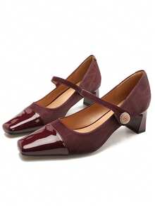 Women's New Convenient Hook And Loop Strap High Heel Shoes, Chunky Heel Non-Fatiguing Square Toe Fashion Spring/Autumn Versatile Mid-Heel Shoes, French Mary Jane Pumps, Black Color Enhances Professionalism - Burgundy - View 10